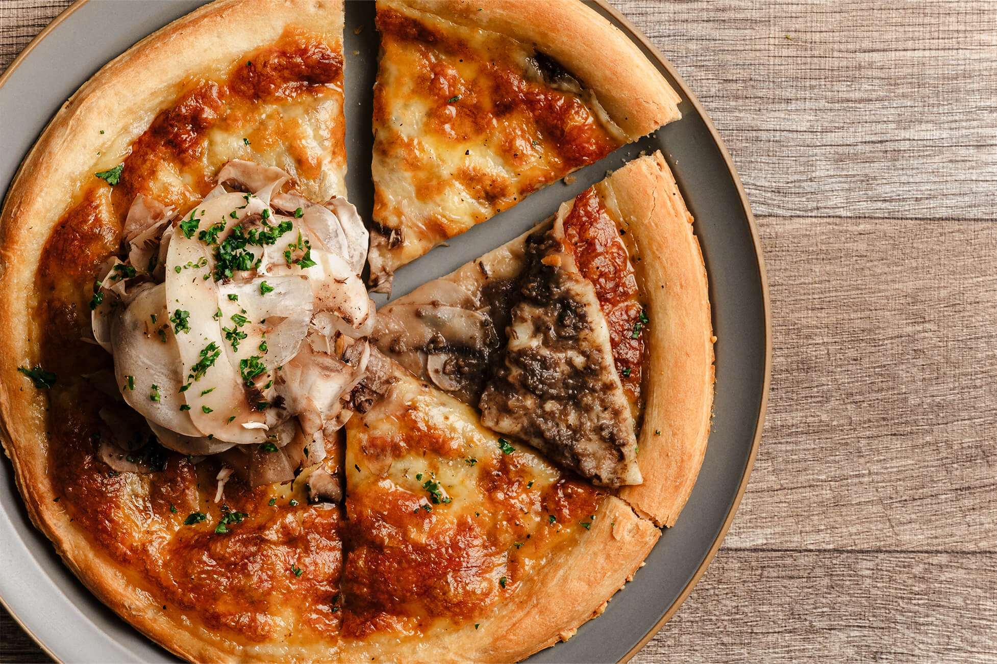 Pizza with homemade mushroom duxelles sauce and mushrooms